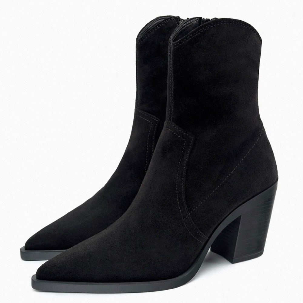 NWT Zara Split Leather Heeled Cowboy Ankle Boots